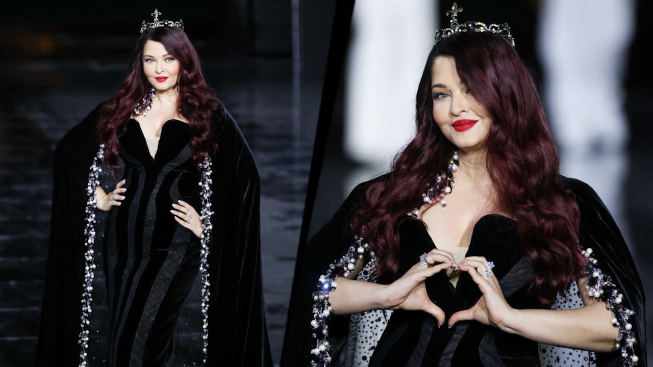 Aishwarya Rai Bachchan domina a passarela de Paris com cabelos vermelhos e vestido de capa estrelado