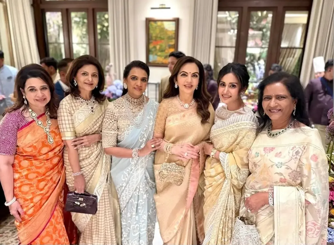 Nita Ambani paired her silk saree with diamond jewels.