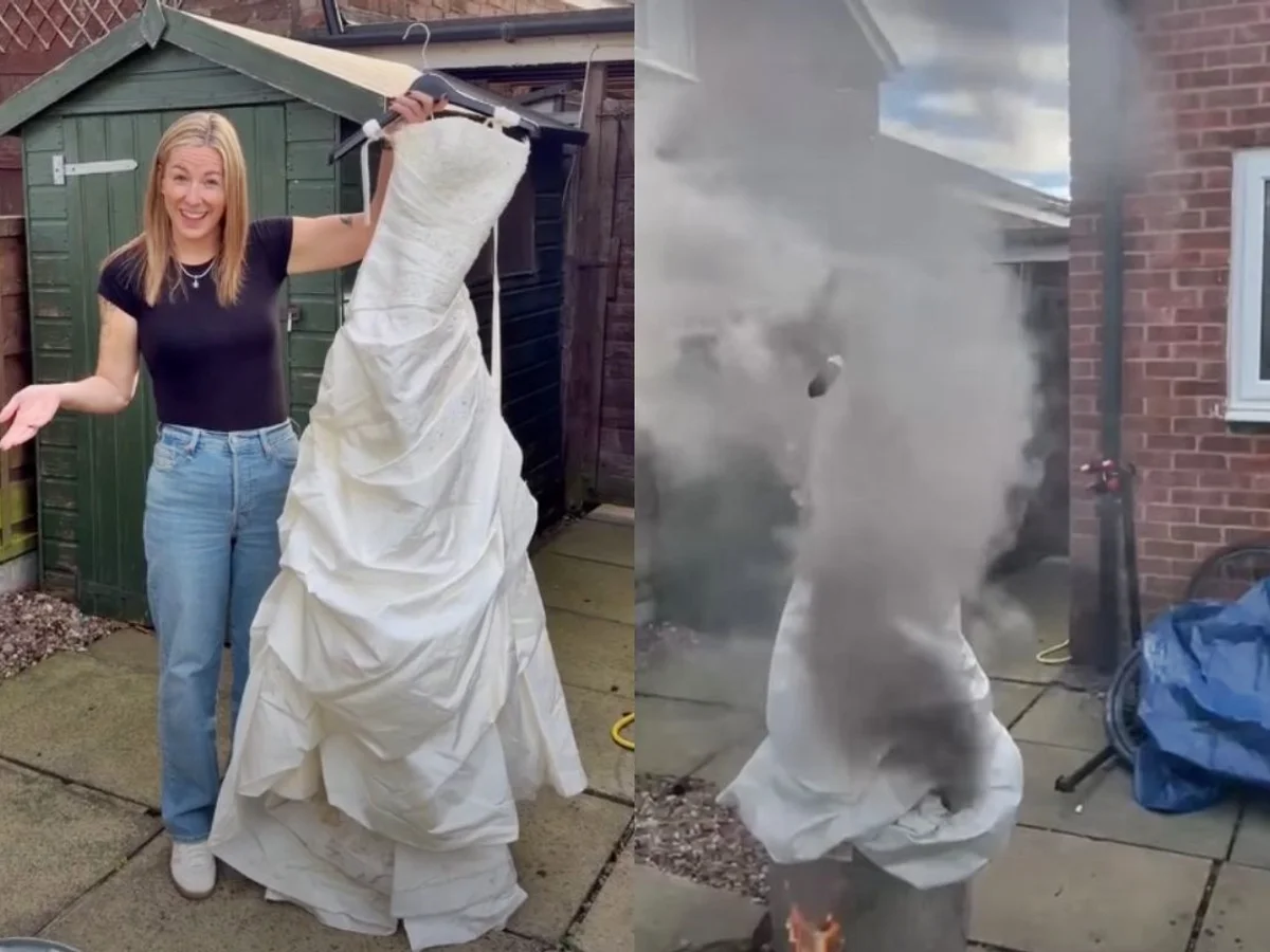 Mulher celebra divórcio com festa temática de funeral e queima de vestido