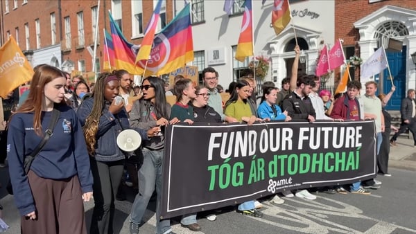 Students hold a banner reading 'Fund Our Future' at their protest in Dublin