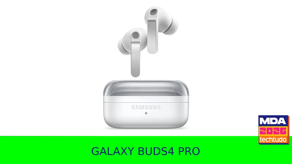 O Galaxy Buds 4 Pro traz a promessa de utilizar inteligência artificial para calibrar a qualidade de som — Foto: Arte/TechTudo
