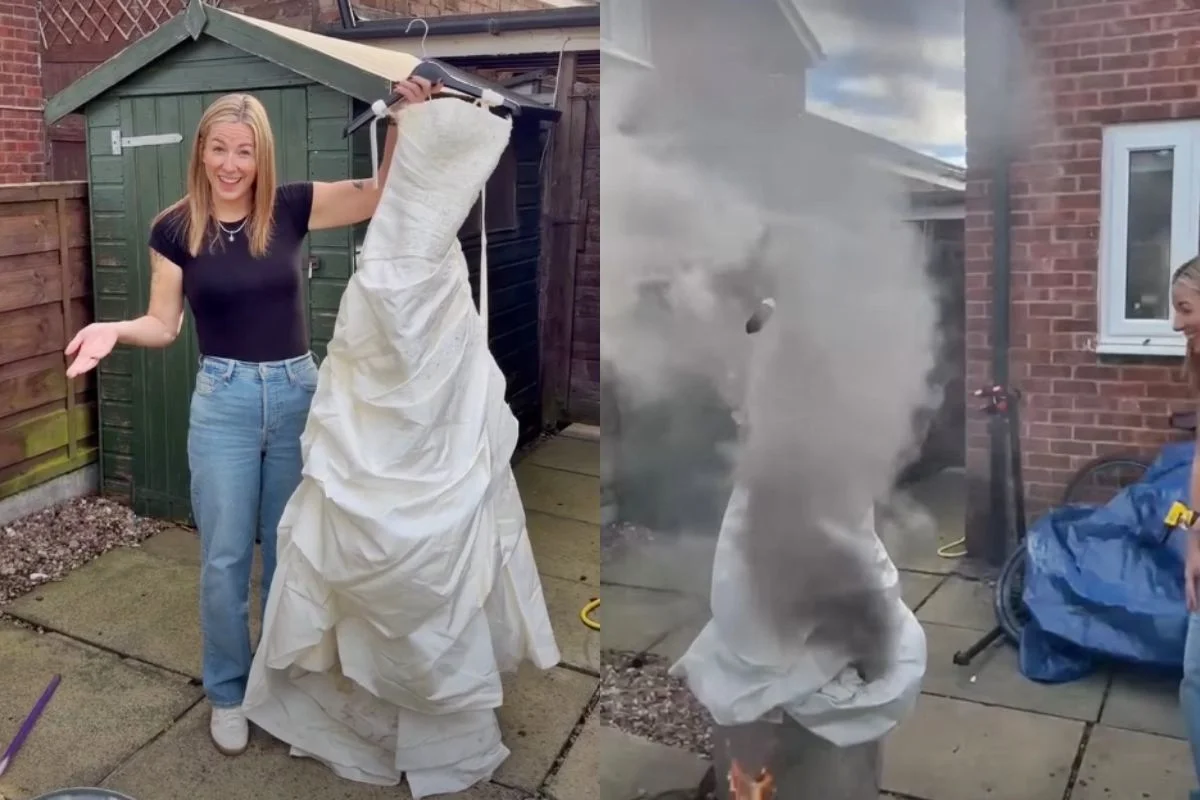 Mulher celebra divórcio com festa temática de funeral e queima de vestido