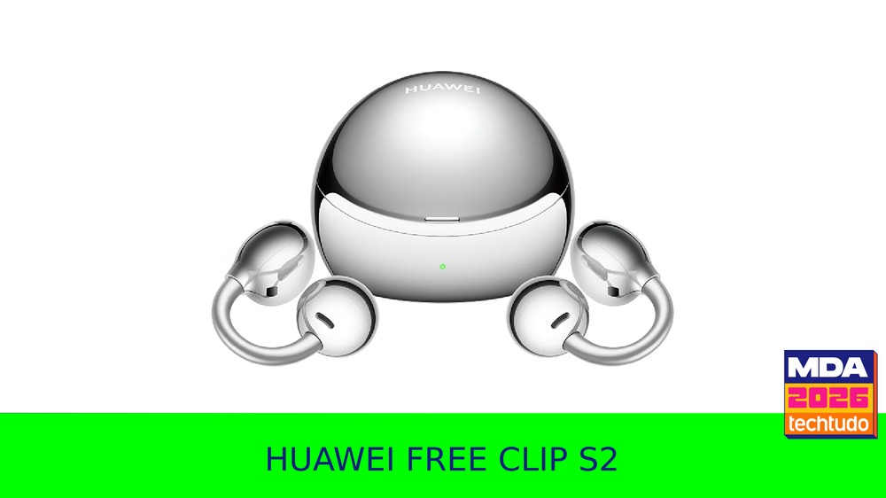 O Huawei FreeClip 2S traz o design open-ear, que fica preso na orelha sem obstruir o canal auditivo — Foto: Arte/TechTudo