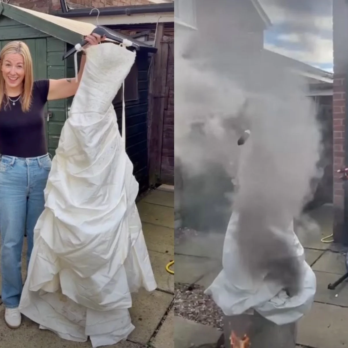 Mulher celebra divórcio com festa temática de funeral e queima de vestido